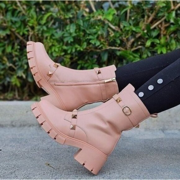 Women's Nude Pyramid Stud Ankle Combat Boot - Picture 5 of 5